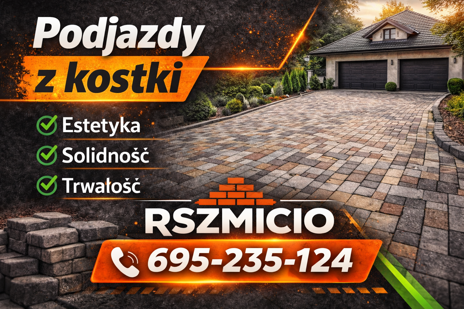 Podjazd z kostki brukowej wykonany przy domu jednorodzinnym – trwałe i estetyczne usługi brukarskie Bobrowniki realizowane przez RSZMICIO.