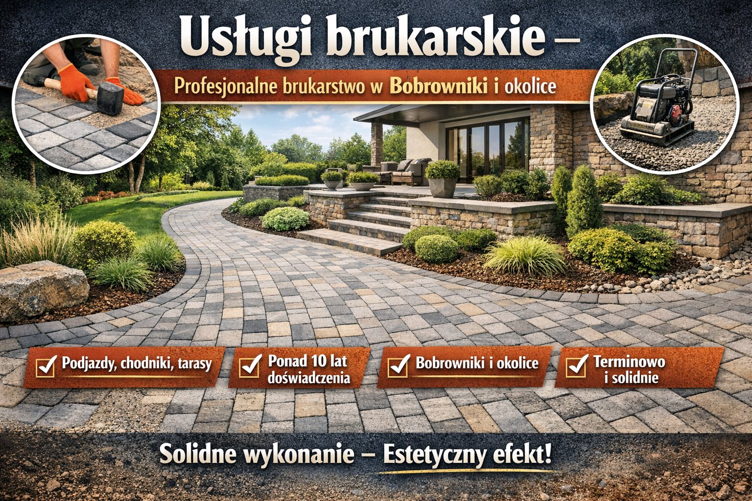 Profesjonalne usługi brukarskie Bobrowniki – nowoczesny podjazd z kostki brukowej przy domu jednorodzinnym, estetyczne wykończenie i solidna podbudowa.