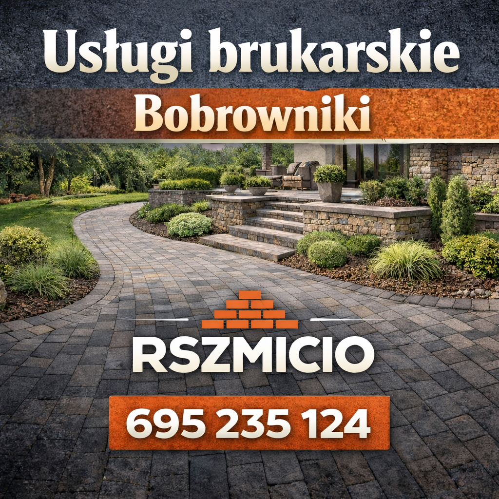 zdjęcie zawiera napis usługi brukarskie Bobrowniki w tle domu oraz podjazdu z kostki brukowej