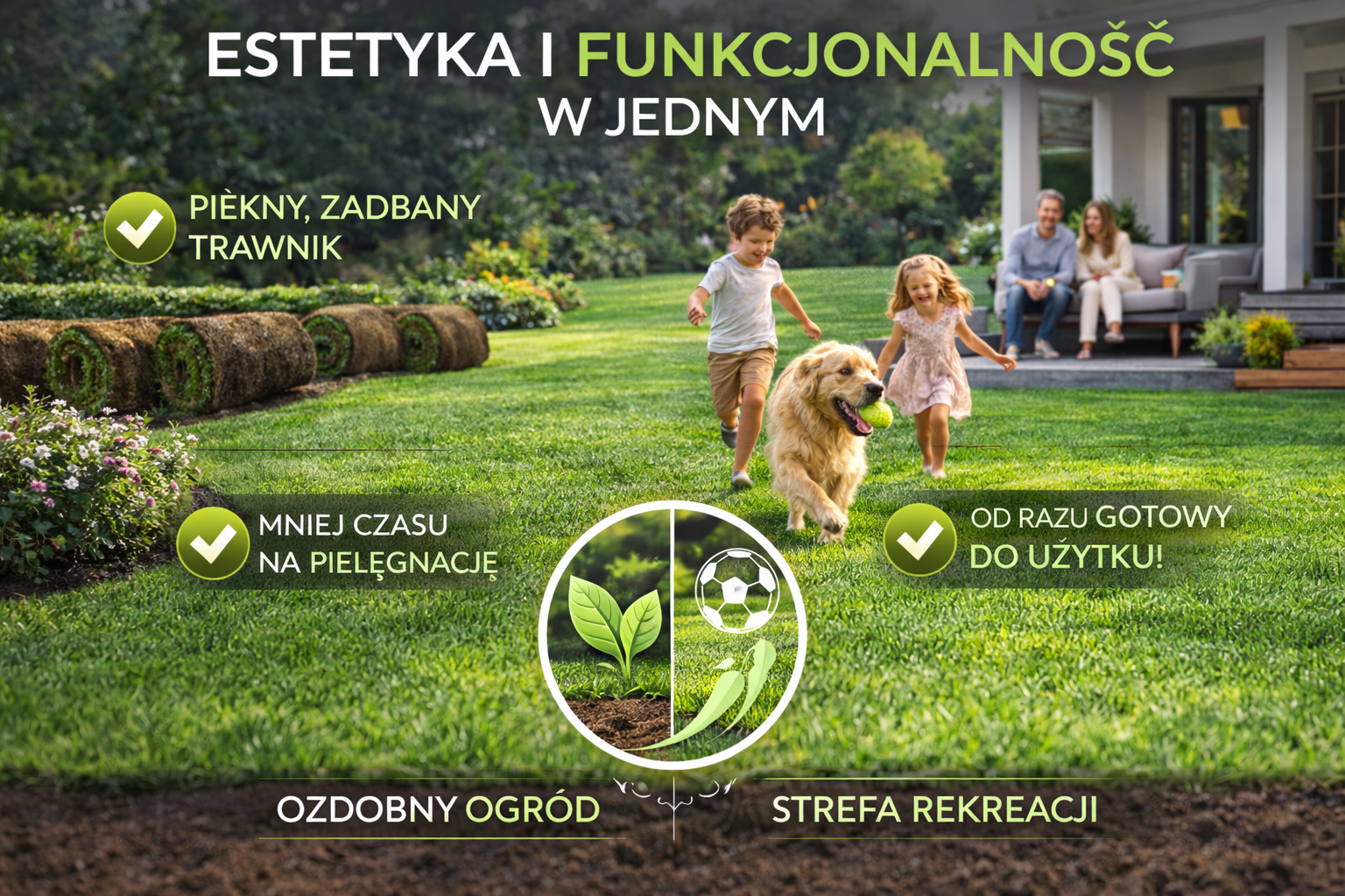 Realistyczna grafika przedstawiająca gęsty, intensywnie zielony trawnik łączący estetykę i funkcjonalność w nowoczesnym ogrodzie przy domu.