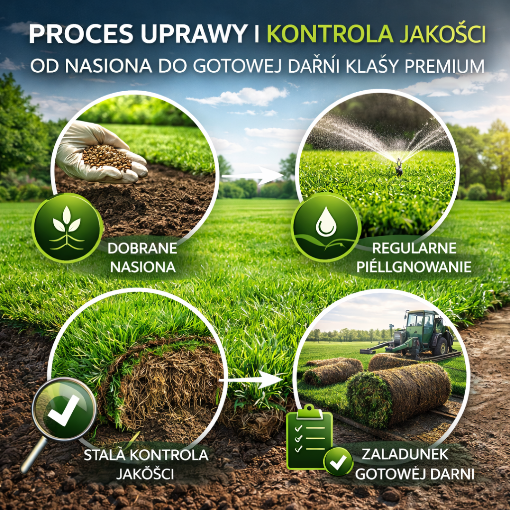 Realistyczna grafika przedstawiająca plantację trawy z rolki podczas uprawy oraz kontrolę jakości darni przed wycinką