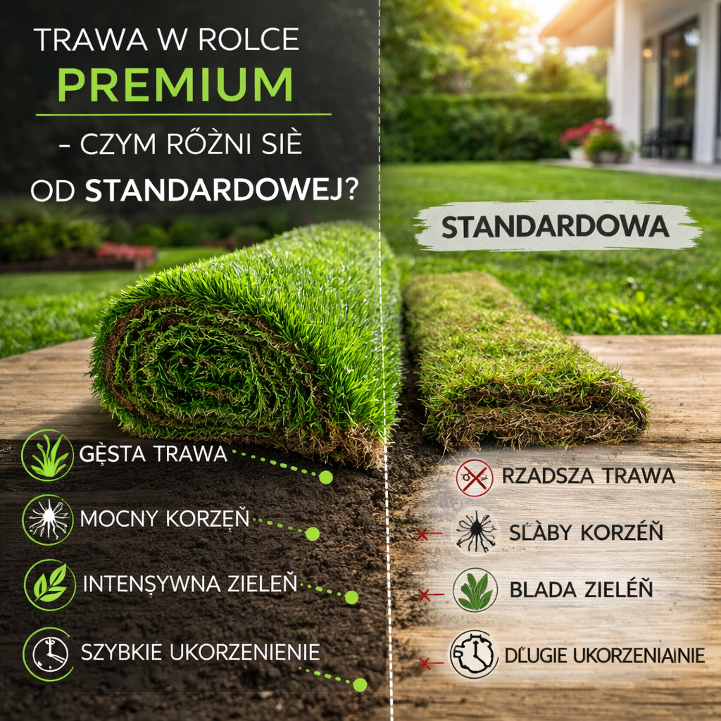 Porównanie trawy w rolce PREMIUM i standardowej z widoczną różnicą w gęstości, kolorze oraz systemie korzeniowym na tle ogrodu.