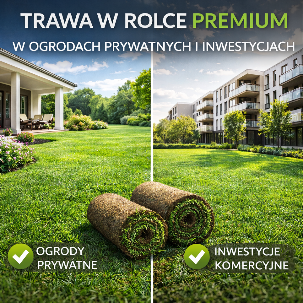 Realistyczna grafika przedstawiająca trawę w rolce PREMIUM zastosowaną w ogrodzie prywatnym oraz przy nowoczesnej inwestycji mieszkaniowej.