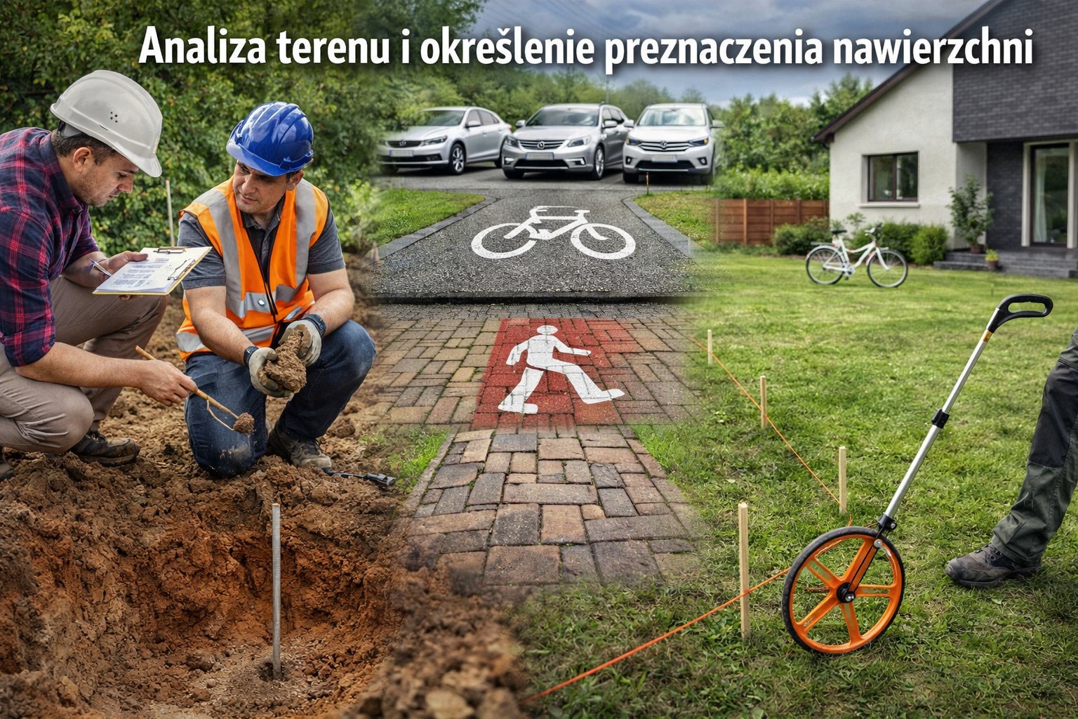 Analiza terenu przed układaniem kostki brukowej – sprawdzanie gruntu, wyznaczanie stref użytkowych oraz pomiar powierzchni pod podjazd i ścieżki.