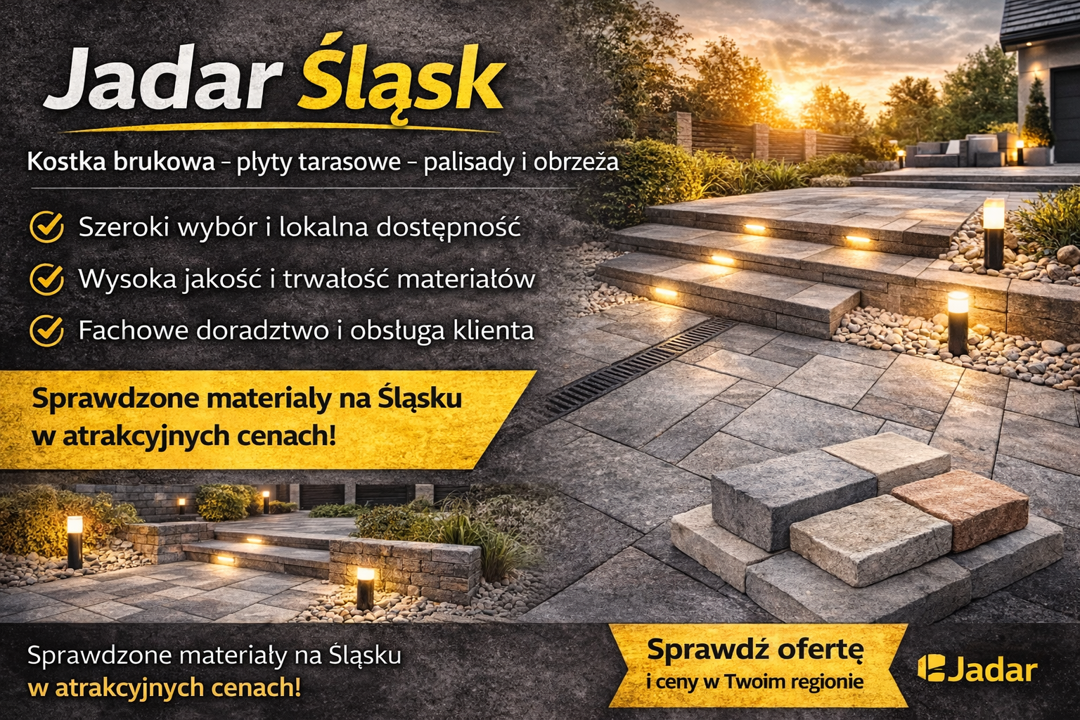 Jadar Śląsk – kostka brukowa, płyty tarasowe, palisady i obrzeża betonowe w nowoczesnej aranżacji podjazdu i tarasu przy domu.