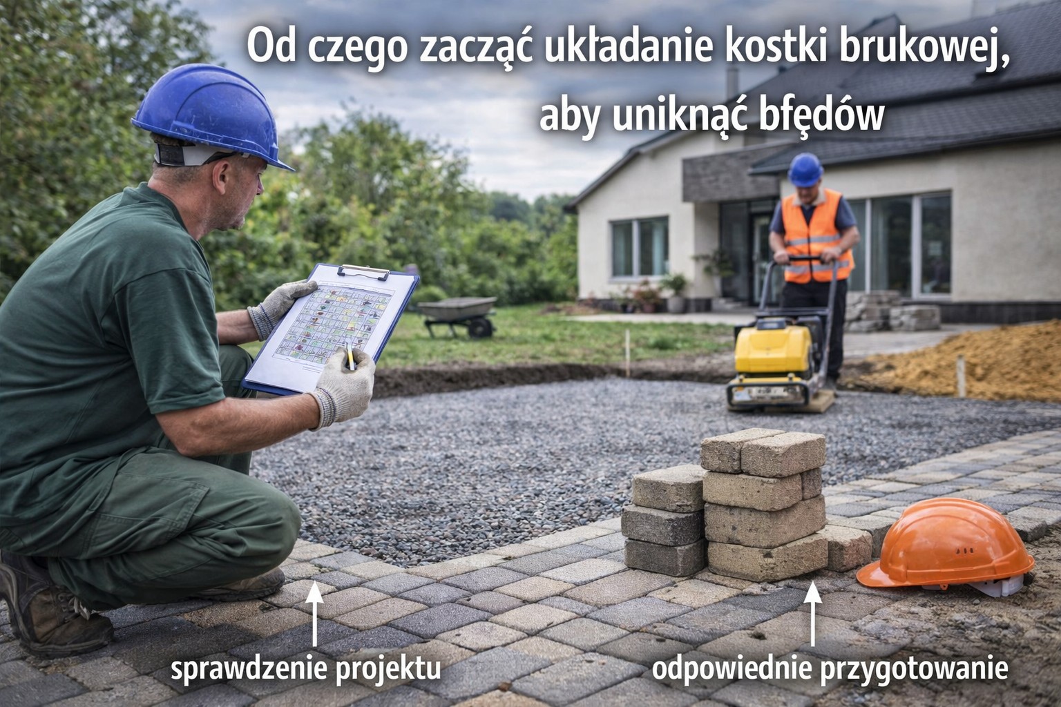 Od czego zacząć układanie kostki brukowej, aby uniknąć błędów – sprawdzenie projektu, prawidłowe przygotowanie podbudowy i kontrola wykonania prac brukarskich.