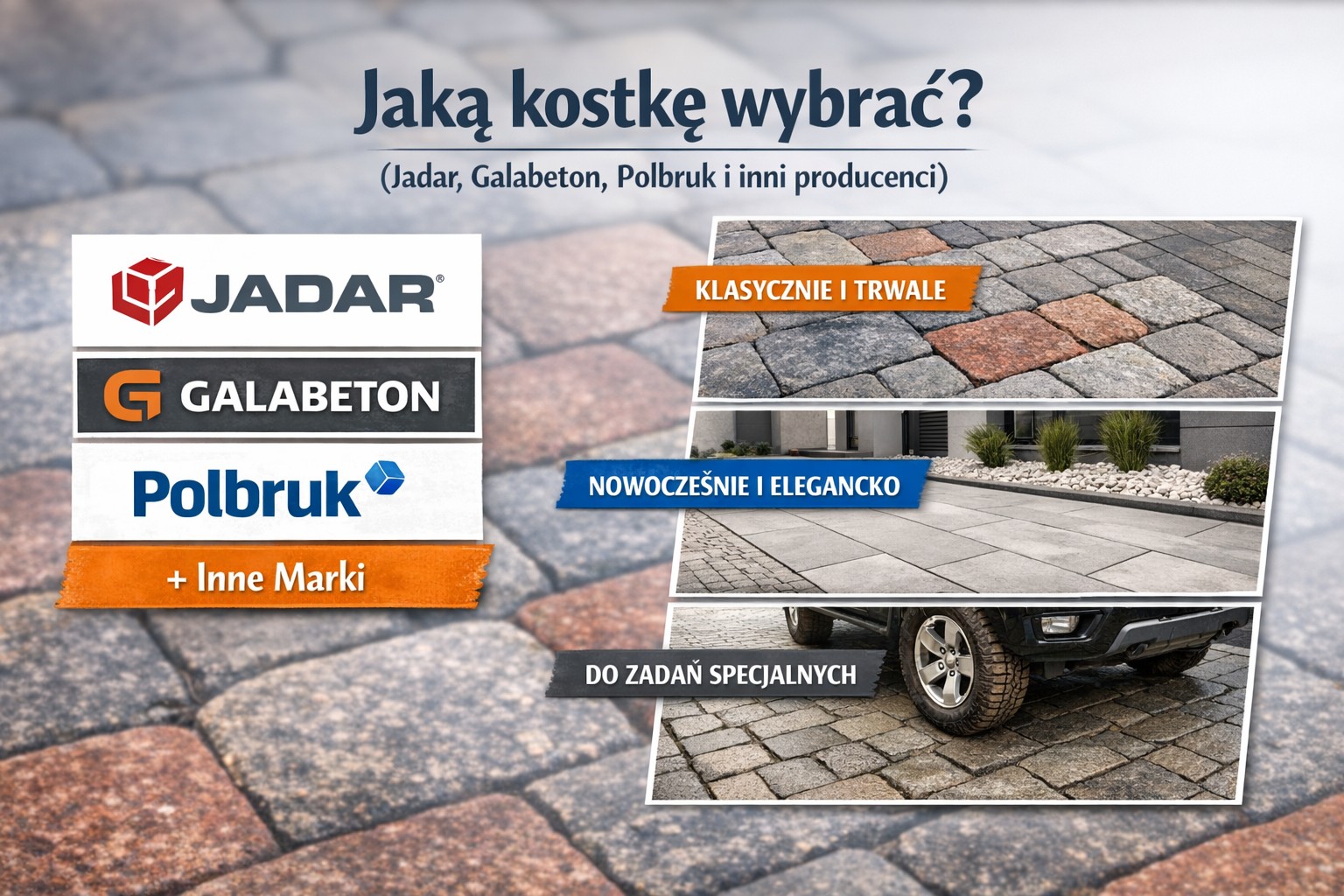 Jaką kostkę wybrać - porównanie producentów Jadar, Galabeton i Polbruk, różne rodzaje kostki brukowej i płyt tarasowych w aranżacji podjazdu oraz tarasu.