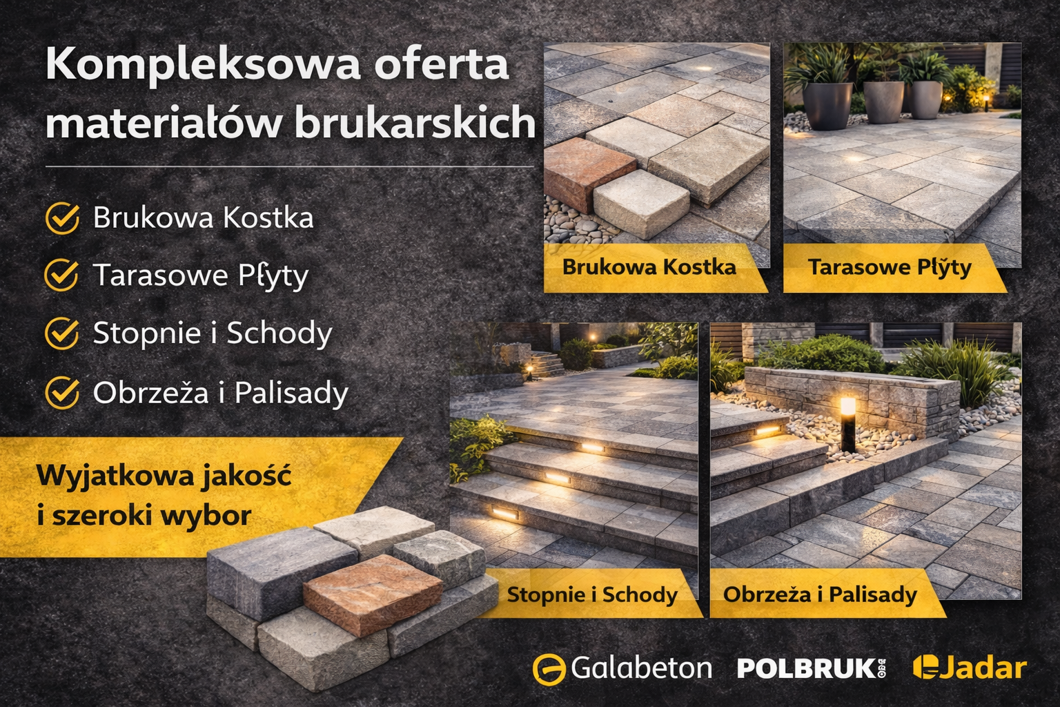 Kompleksowa oferta materiałów brukarskich – kostka brukowa, płyty tarasowe, palisady i obrzeża betonowe w nowoczesnej aranżacji posesji.