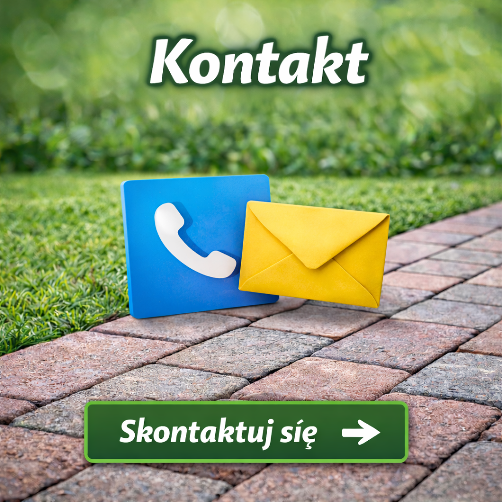Kontakt – ikona telefonu i koperty na tle trawnika i kostki brukowej, zachęta do skontaktowania się w sprawie wymarzony trawnik.