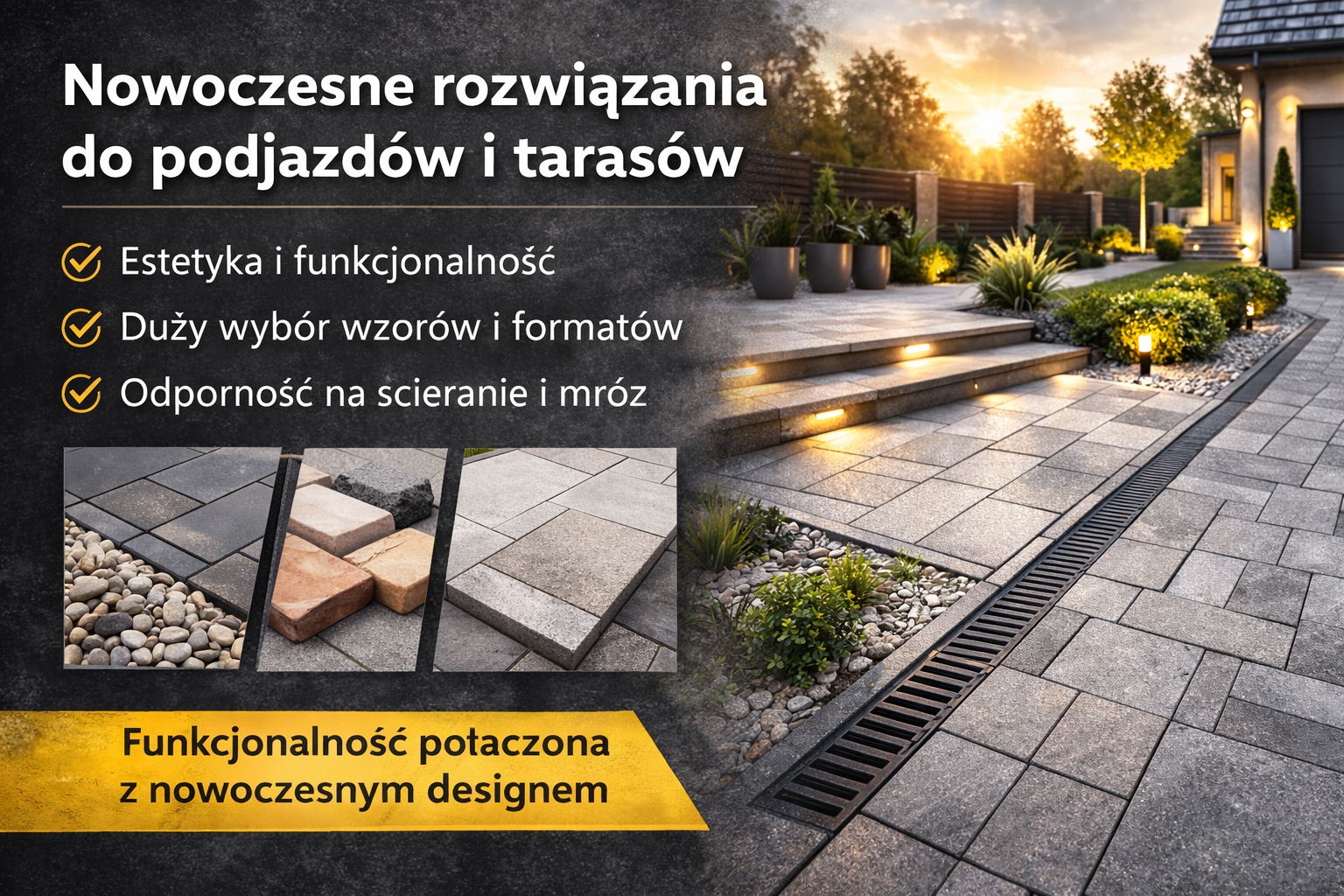 Nowoczesne rozwiązania do podjazdów i tarasów – elegancka kostka brukowa, płyty tarasowe oraz system odwodnienia liniowego przy domu jednorodzinnym.