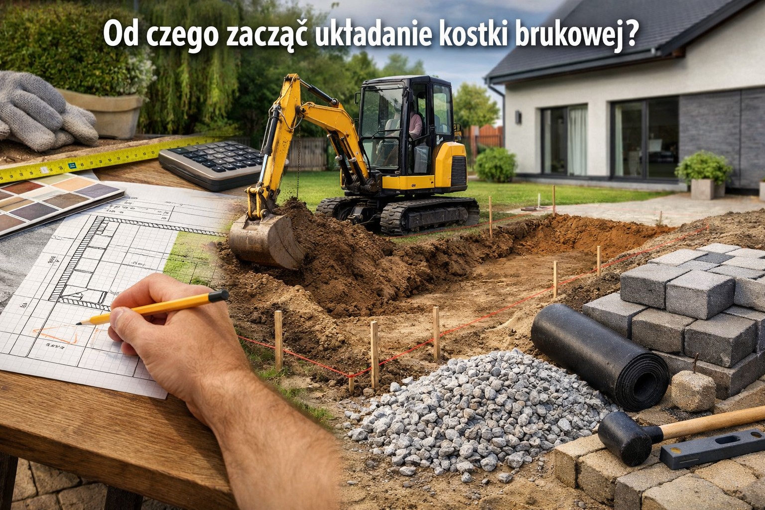 Planowanie i przygotowanie terenu pod układanie kostki brukowej – projekt, wyznaczony wykop, podbudowa z kruszywa oraz materiały budowlane przy domu jednorodzinnym.