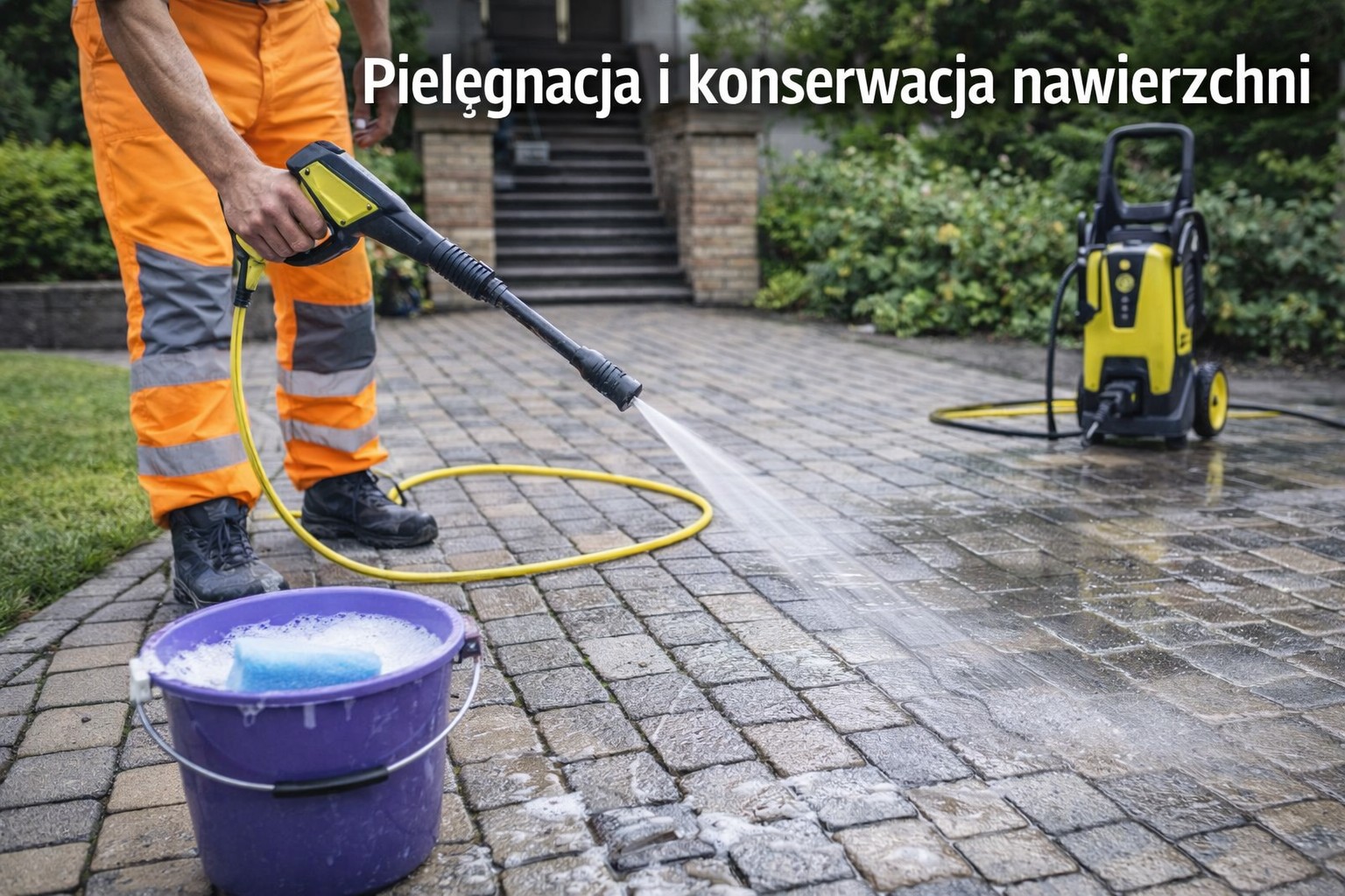 Pielęgnacja i konserwacja nawierzchni z kostki brukowej – mycie ciśnieniowe, czyszczenie fug oraz regularna dbałość o trwałość i estetykę podjazdu.