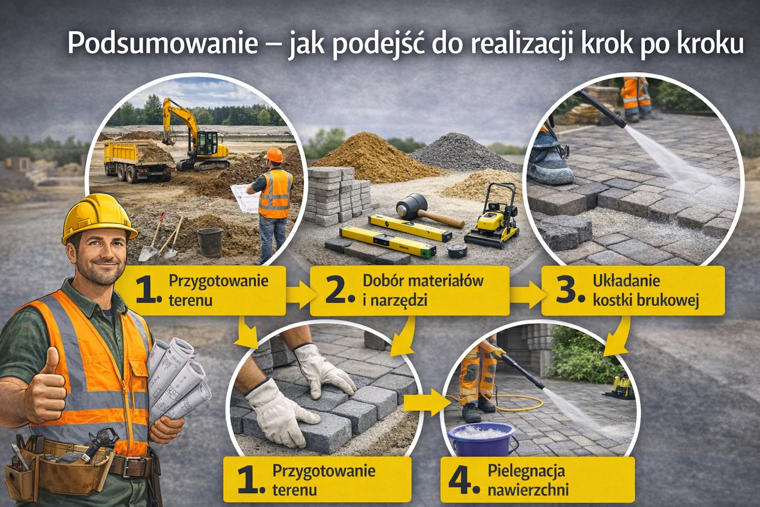 Podsumowanie realizacji krok po kroku – etapy układania kostki brukowej od przygotowania terenu, przez dobór materiałów, aż po montaż i pielęgnację nawierzchni.