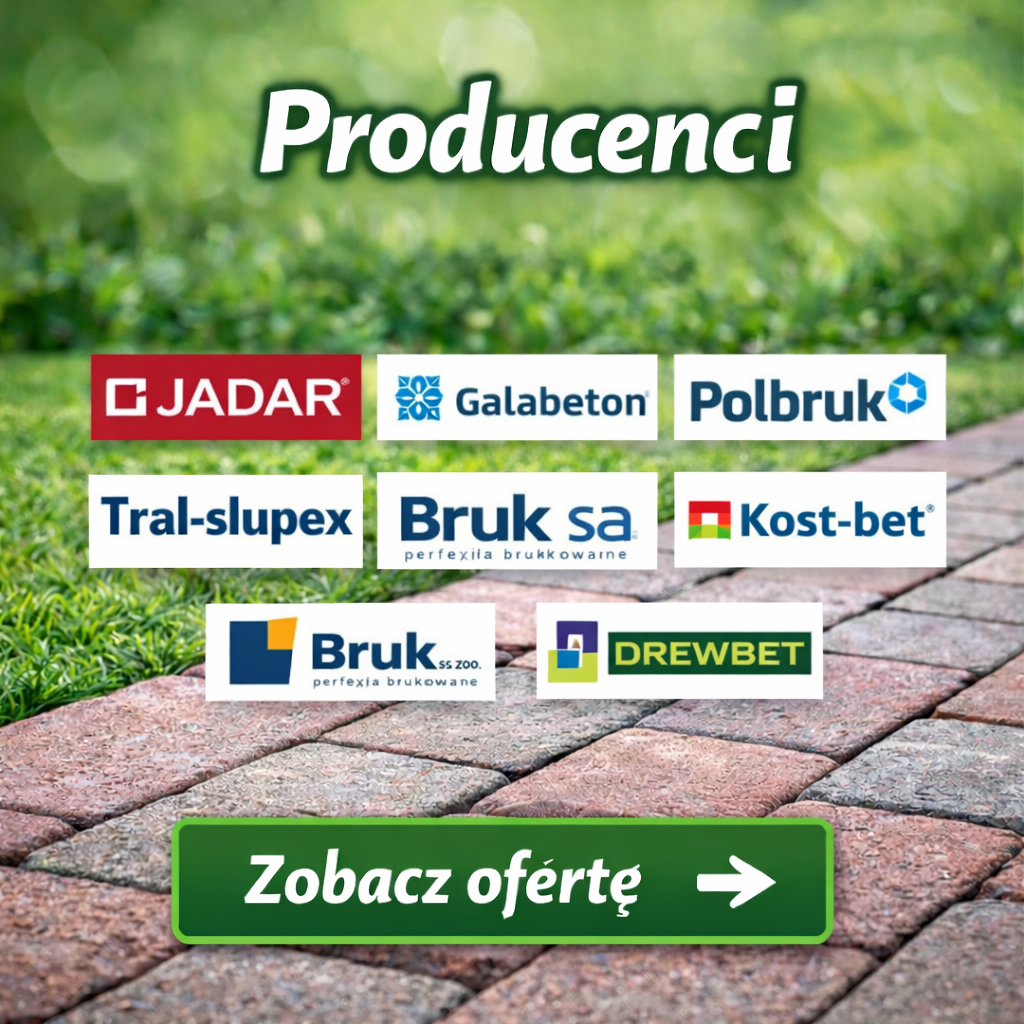 Producenci kostki brukowej – Jadar, Galabeton, Polbruk, Combet, Tral-Slupex, Bruk SA, Kost-Bet, Bruk Sp. z o.o. oraz Drewbet na tle trawnika i kostki brukowej.
