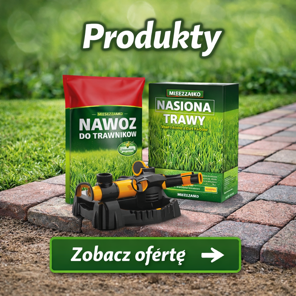 Produkty do wymarzony trawnik – nasiona trawy, nawóz oraz akcesoria ogrodowe prezentowane na tle zielonej murawy i kostki brukowej.