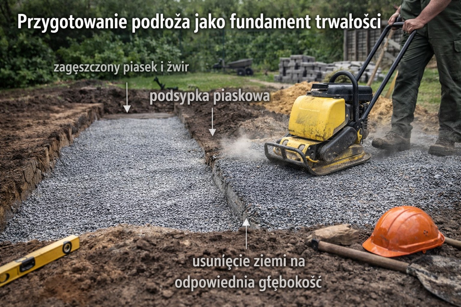 Przygotowanie podłoża pod kostkę brukową – usunięcie gruntu, warstwa kruszywa i zagęszczanie podbudowy jako fundament trwałej nawierzchni.
