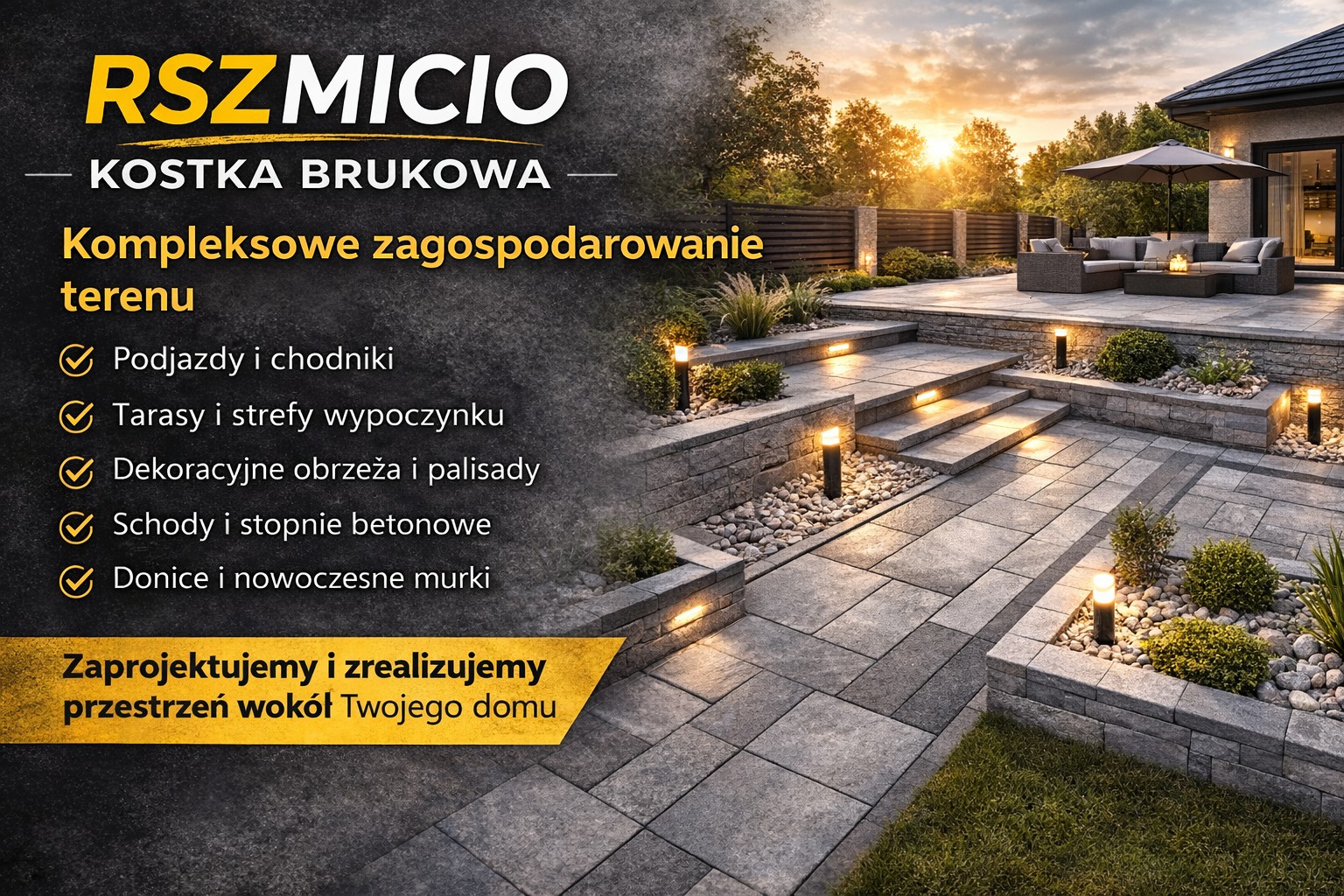 RSZMICIO - Kostka Brukowa, kompleksowe zagospodarowanie terenu z podjazdem, tarasem, schodami betonowymi, palisadami i nowoczesnym oświetleniem ogrodu.