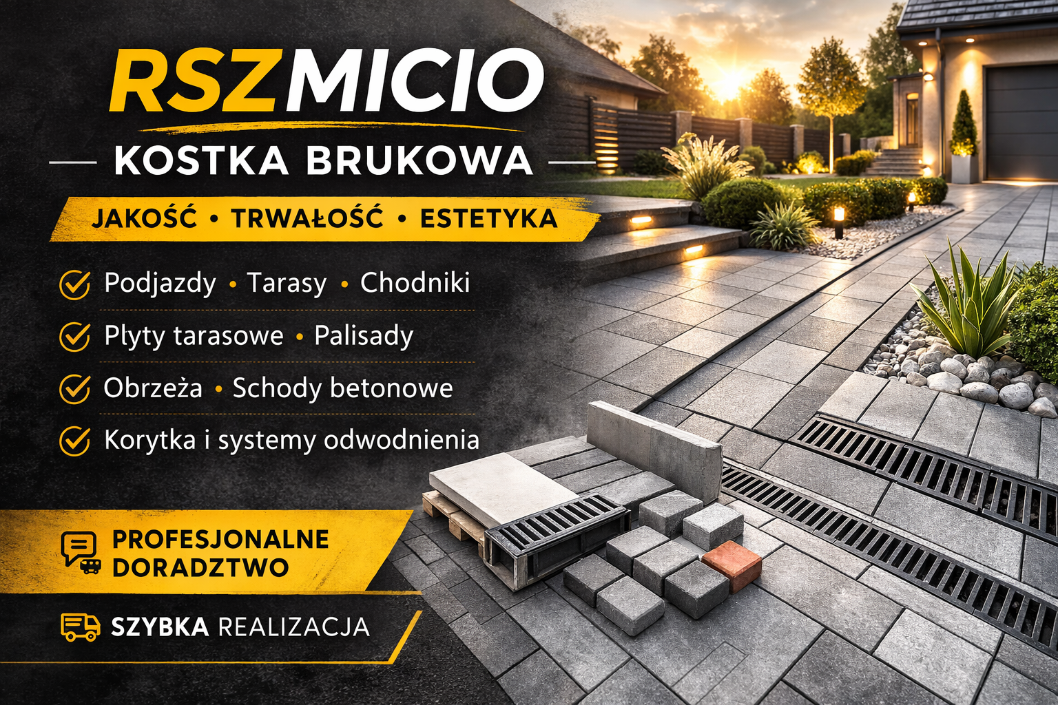 RSZMICIO – Kostka Brukowa, aranżacja podjazdu i tarasu z płyt tarasowych, palisad oraz schodów betonowych przy nowoczesnym domu.
