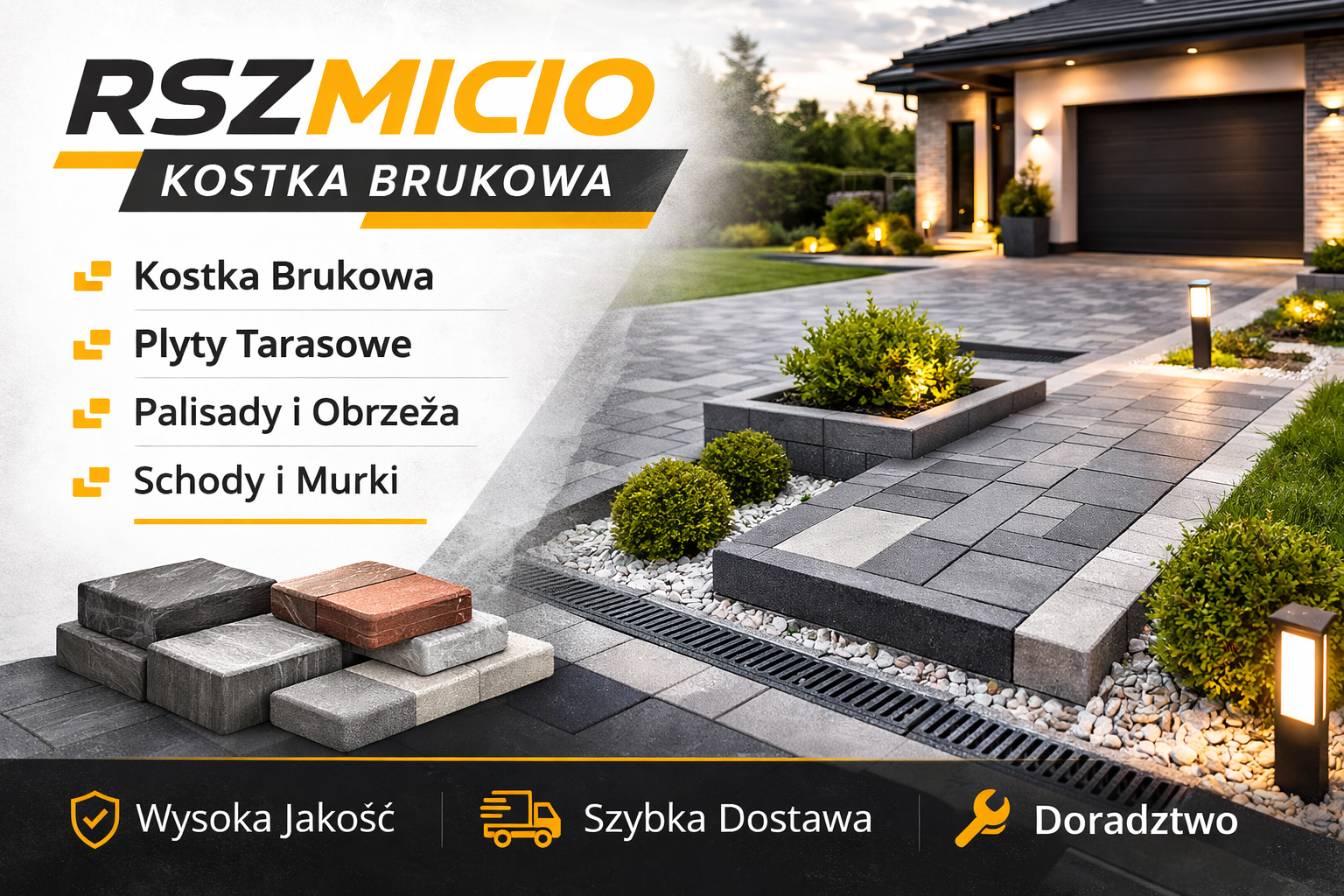 RSZMICIO – Kostka Brukowa, nowoczesny podjazd i taras z kostki brukowej z elementami odwodnienia, palisadami i płytami tarasowymi przy domu jednorodzinnym.