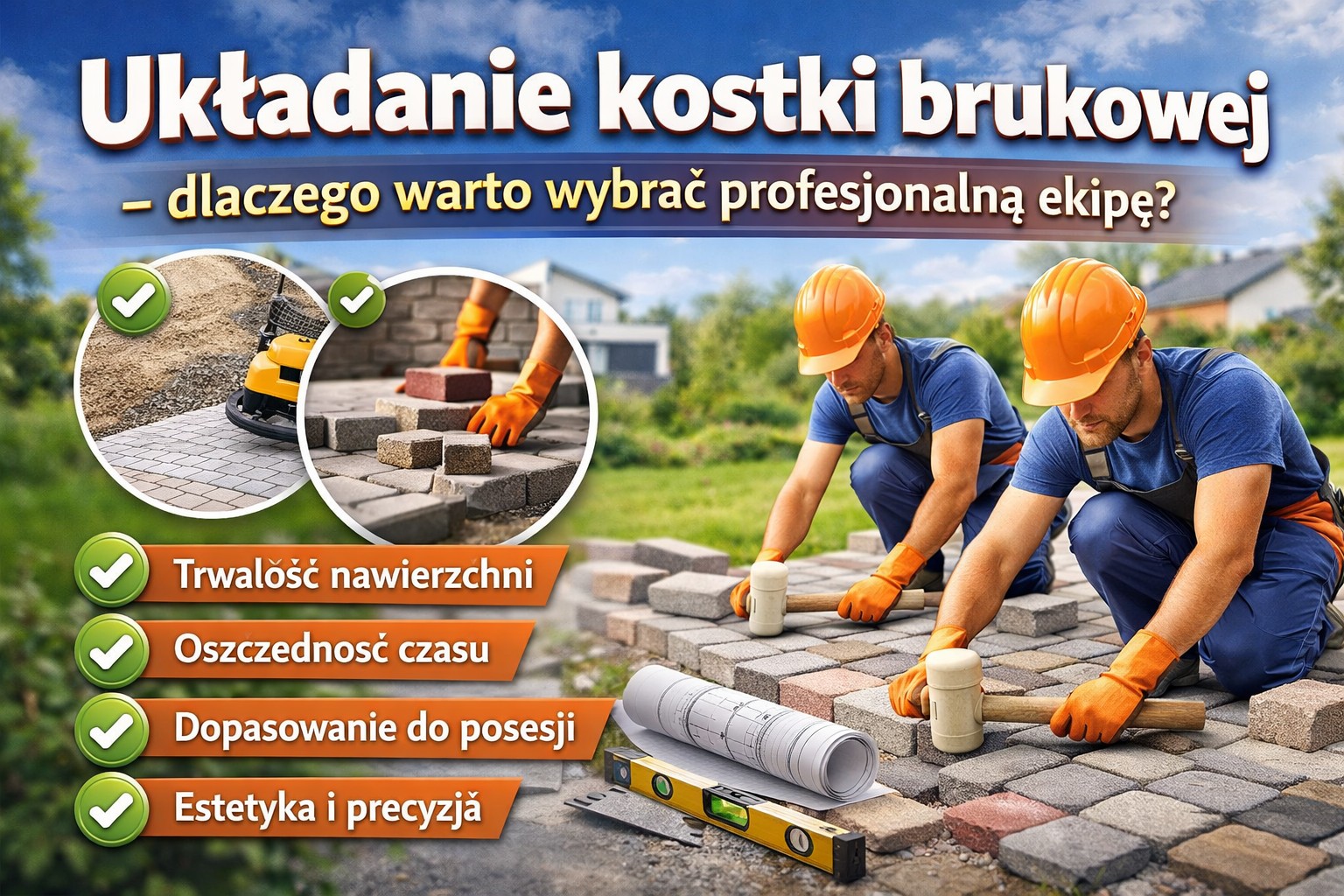 Układanie kostki brukowej przez profesjonalną ekipę - doświadczeni brukarze podczas pracy, precyzyjne układanie nawierzchni i kontrola poziomu podjazdu.
