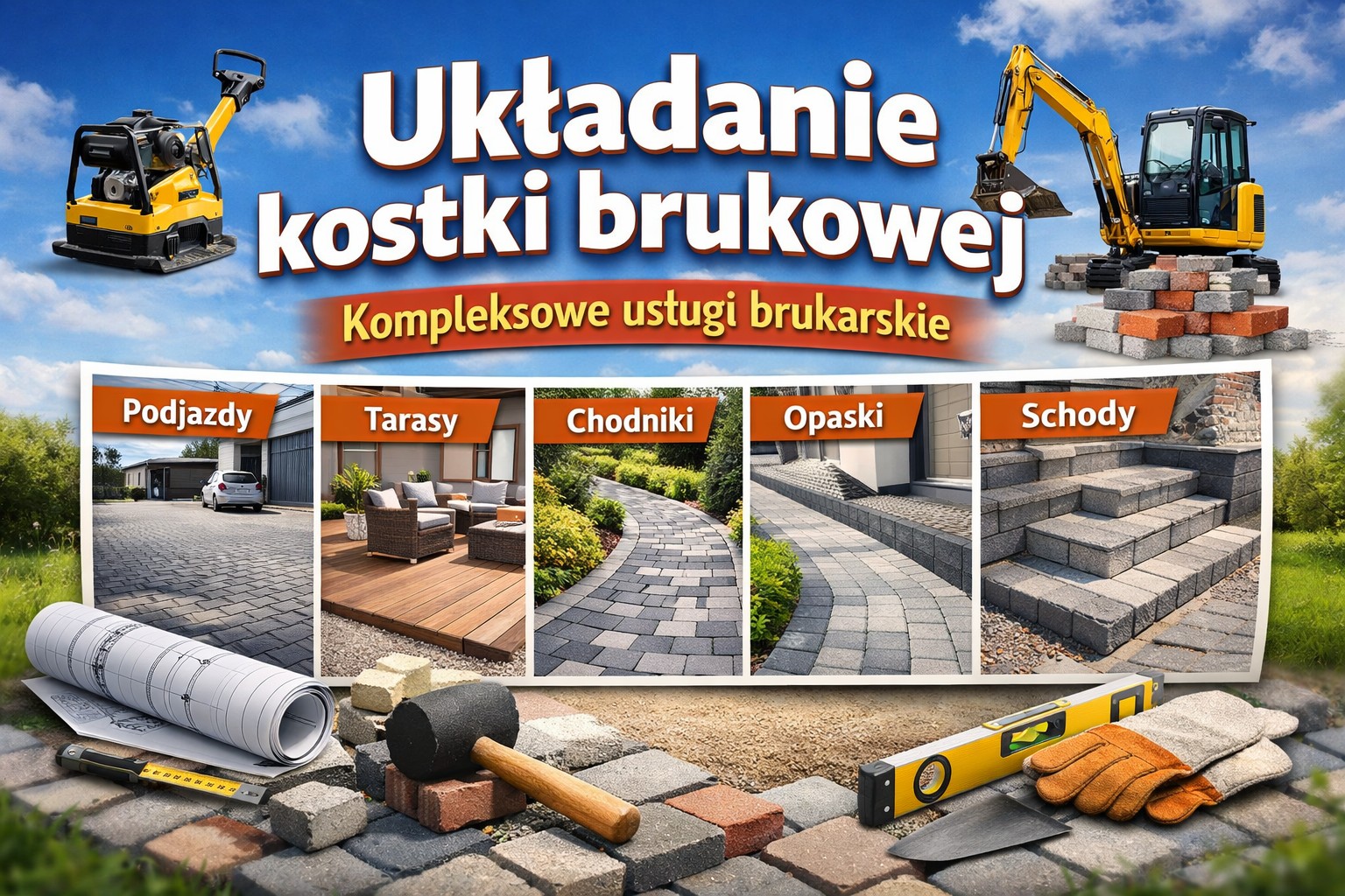 Układanie kostki brukowej - kompleksowe usługi brukarskie obejmujące podjazdy, tarasy, chodniki, opaski oraz schody z kostki i elementów betonowych.