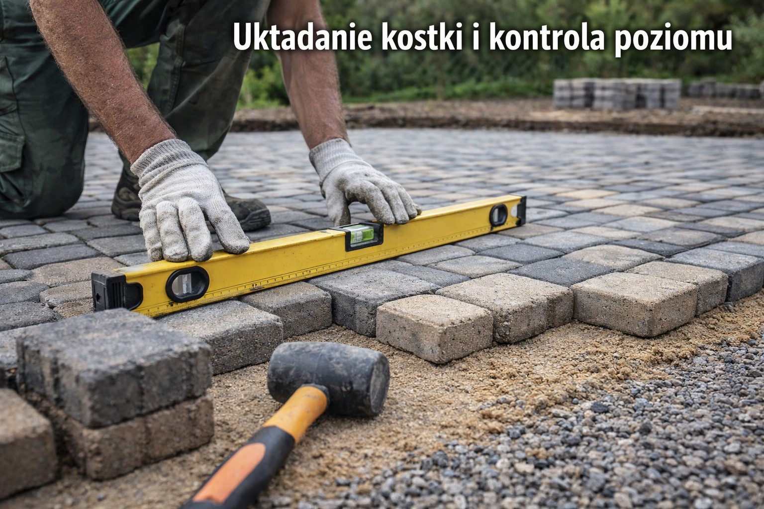 Układanie kostki brukowej i kontrola poziomu – precyzyjne ustawianie elementów, sprawdzanie równości nawierzchni przy użyciu poziomicy oraz łaty brukarskiej.