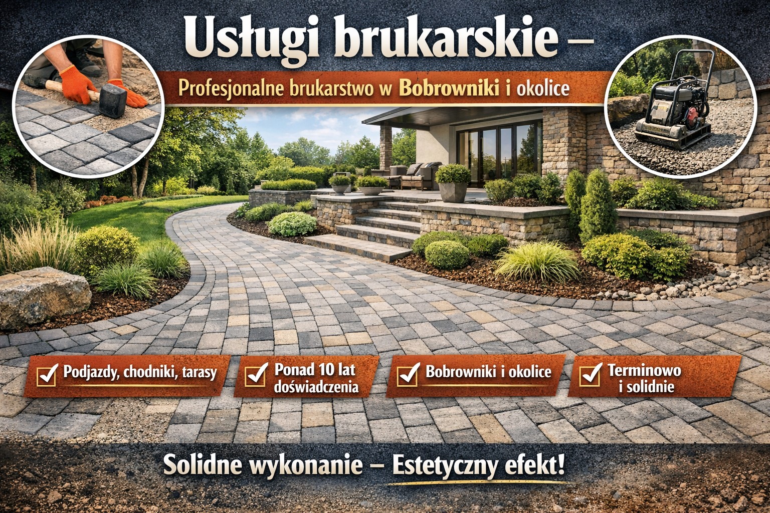 Profesjonalne usługi brukarskie Bobrowniki - nowoczesny podjazd z kostki brukowej przy domu jednorodzinnym, estetyczne wykończenie i solidna podbudowa.