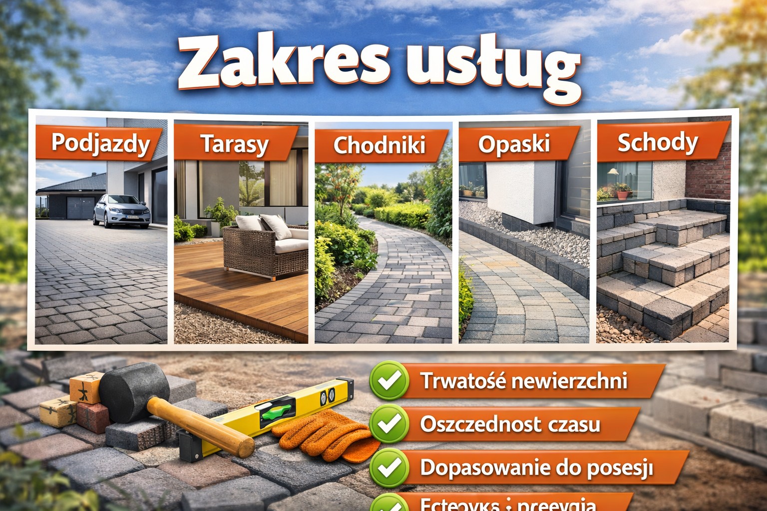 Zakres usług brukarskich - podjazdy z kostki brukowej, tarasy, chodniki ogrodowe, opaski wokół domu oraz schody z elementów betonowych.